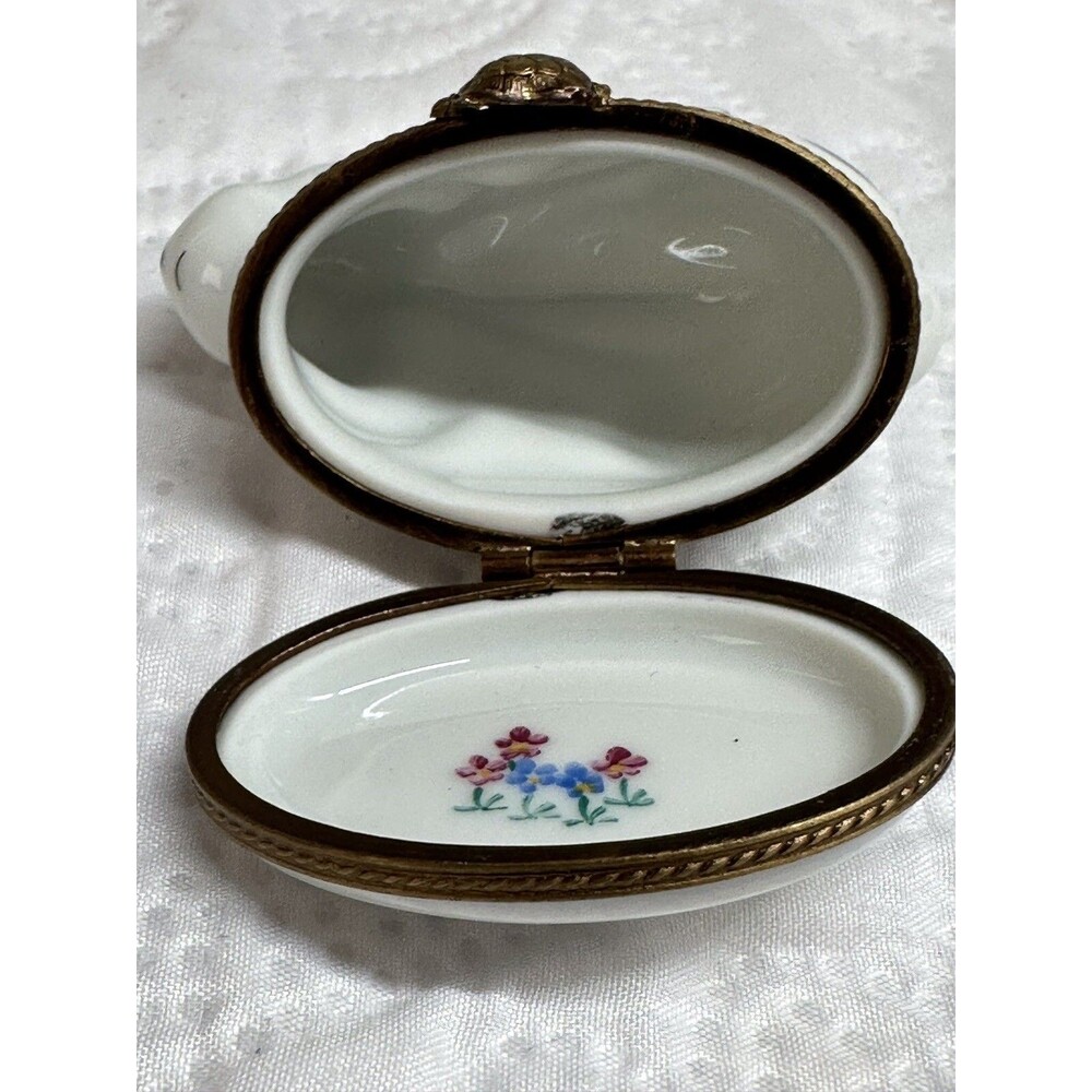 Limoges Rabbit Porcelain & Blue Egg Trinket Brass Hinged Boxes France - Picture 9 of 16